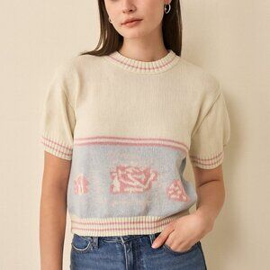 Vintage Rose Sweater Pastel Short Sleeve Knit Cottagecore Grannycore Size L